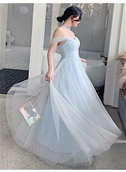 Picture of Light Blue Off Shoulder Sweetheart Tulle Long Party Dresses, A-line Simple Floor Length Prom Dresses